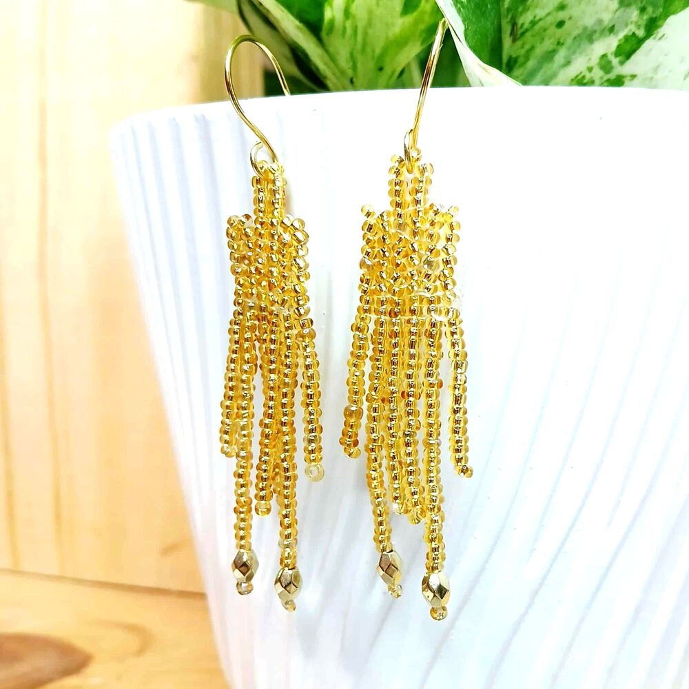 BOGO EARRINGS Gold Beaded Dangle Fringe Earrings, Seed Bead